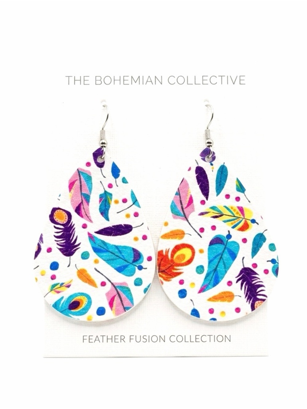 New Handmade S925 Sterling Silver Leather Rainbow Feather Dangle Earrings